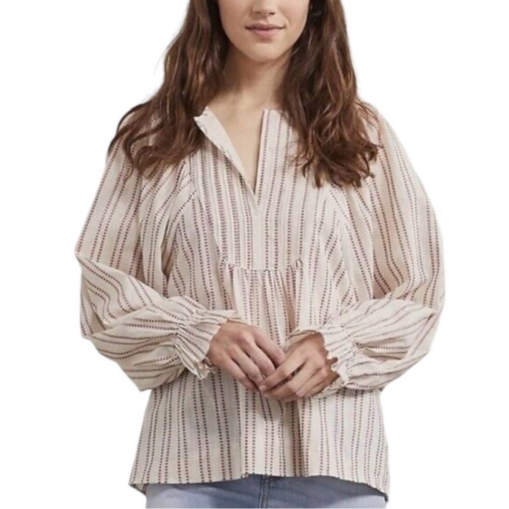 Elizabeth and James Pintuck Bib Strip Print Blouse 100% Cotton XL